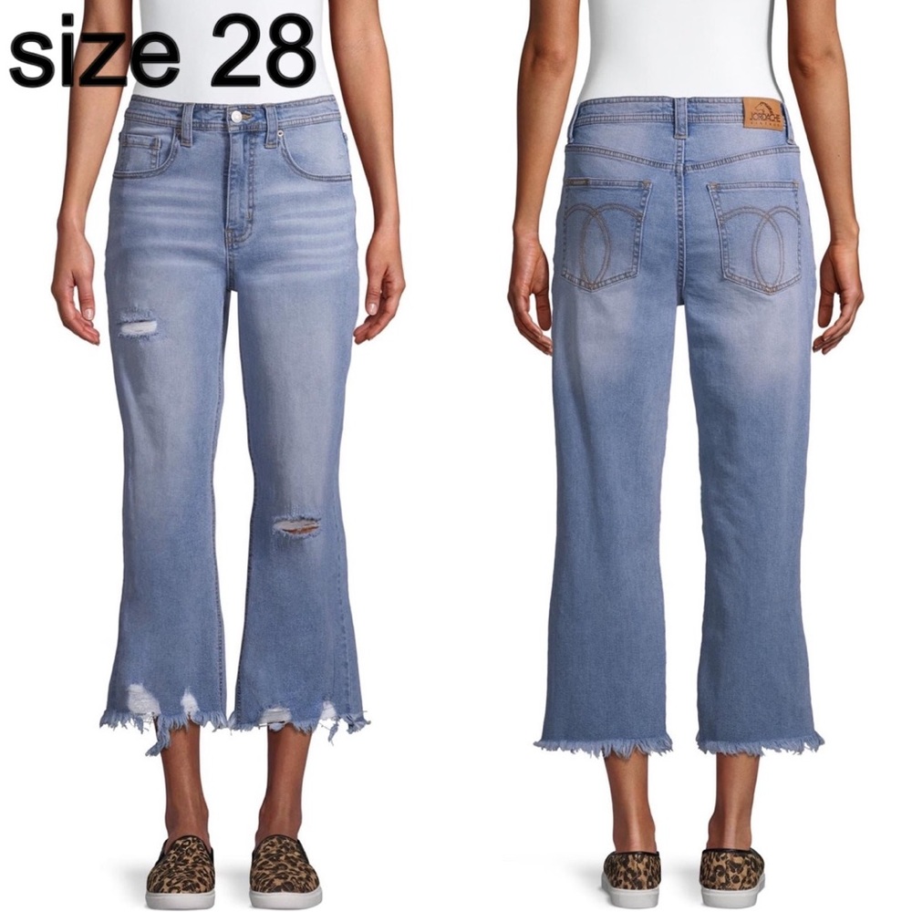 Jordache High Waisted Distressed Ripped Hem Crop Flared Wide Leg Jeans Size 28